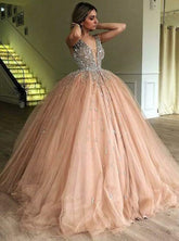 Ball Gown V-Neck Beaded Tulle Quinceanera Prom Dress